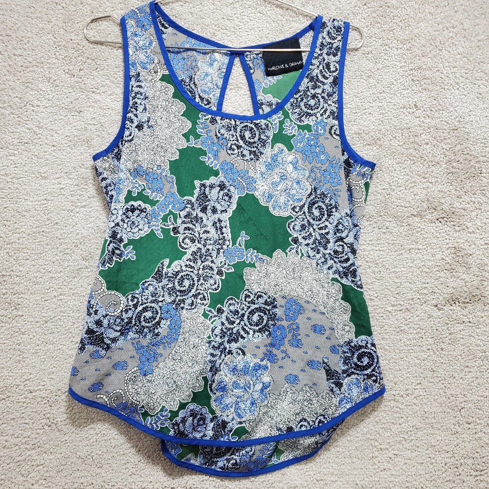Harlowe & Graham Blouse Women's XS Blue Green Floral 100% Polyester Keyhole Back
